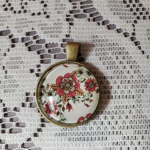 Pretty Red Flower Cabochon Pendant - Handmade